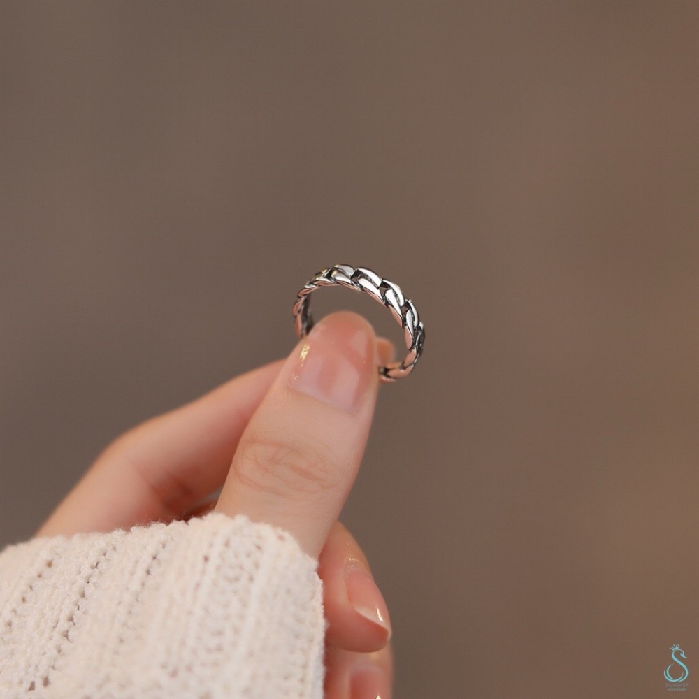SUMMER 銀飾💫［925純銀］泰銀復古 麻花鏈條戒 純銀戒指-細節圖5