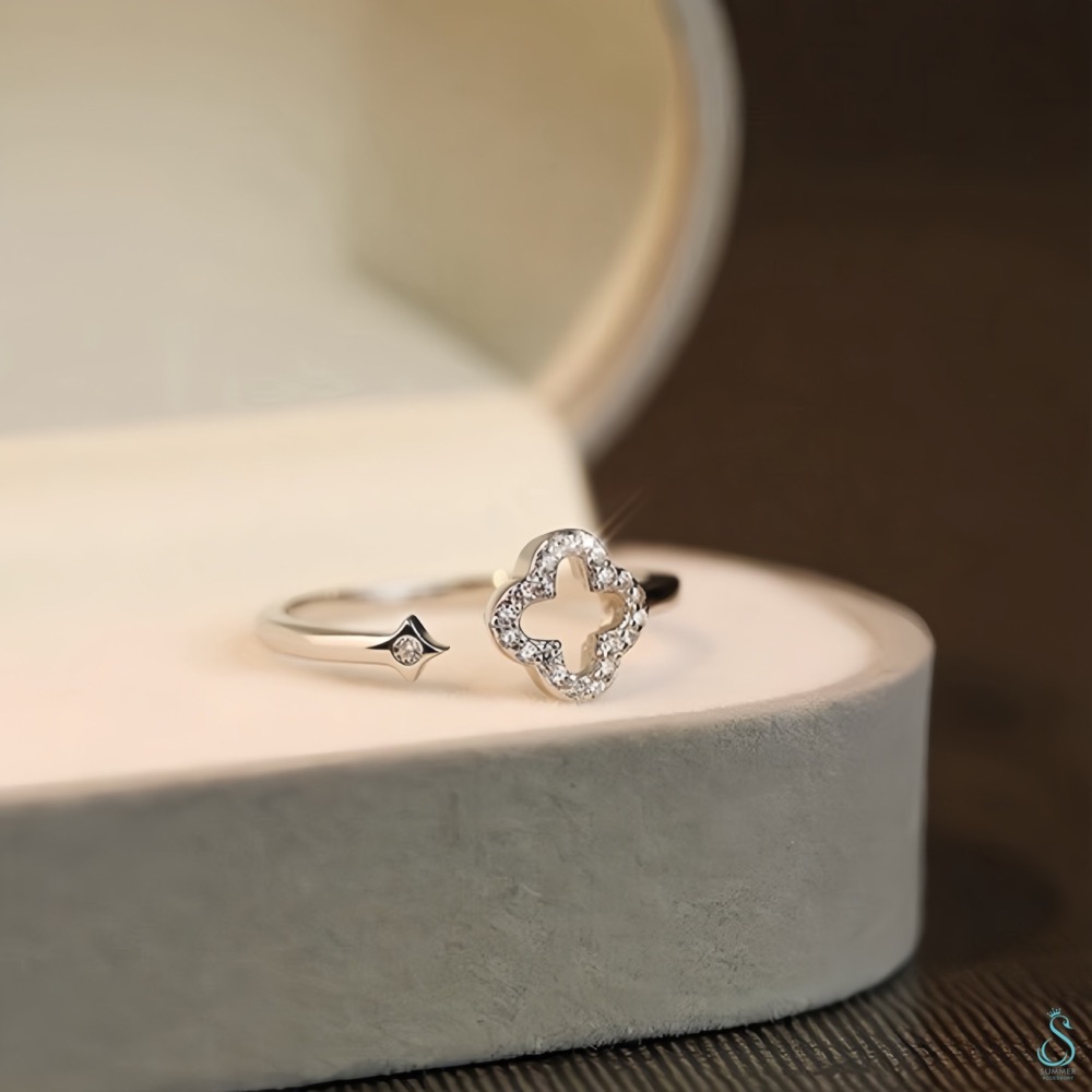 SUMMER 銀飾💫［925純銀］鏤空鑲鑽幸運草 純銀戒指-細節圖3