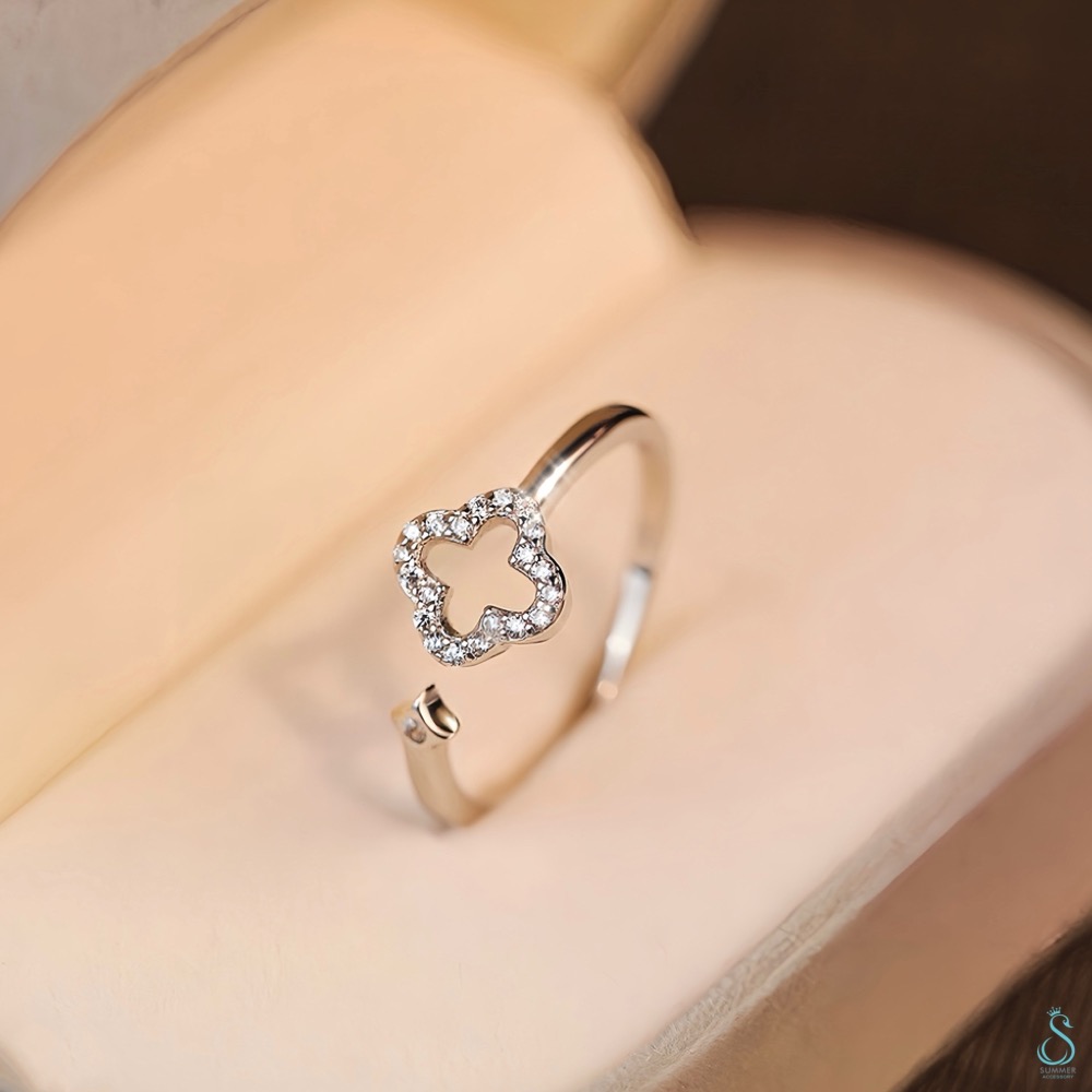 SUMMER 銀飾💫［925純銀］鏤空鑲鑽幸運草 純銀戒指-細節圖4