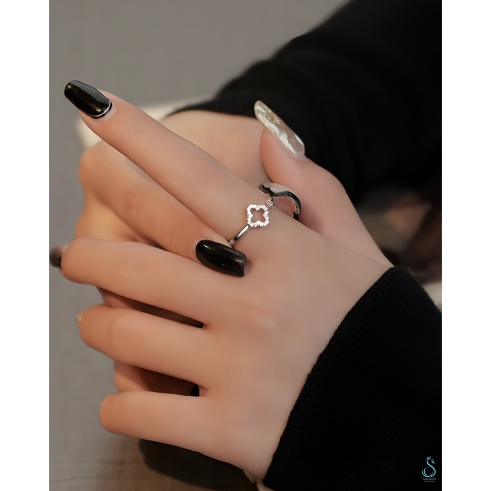 SUMMER 銀飾💫［925純銀］鏤空鑲鑽幸運草 純銀戒指-細節圖6