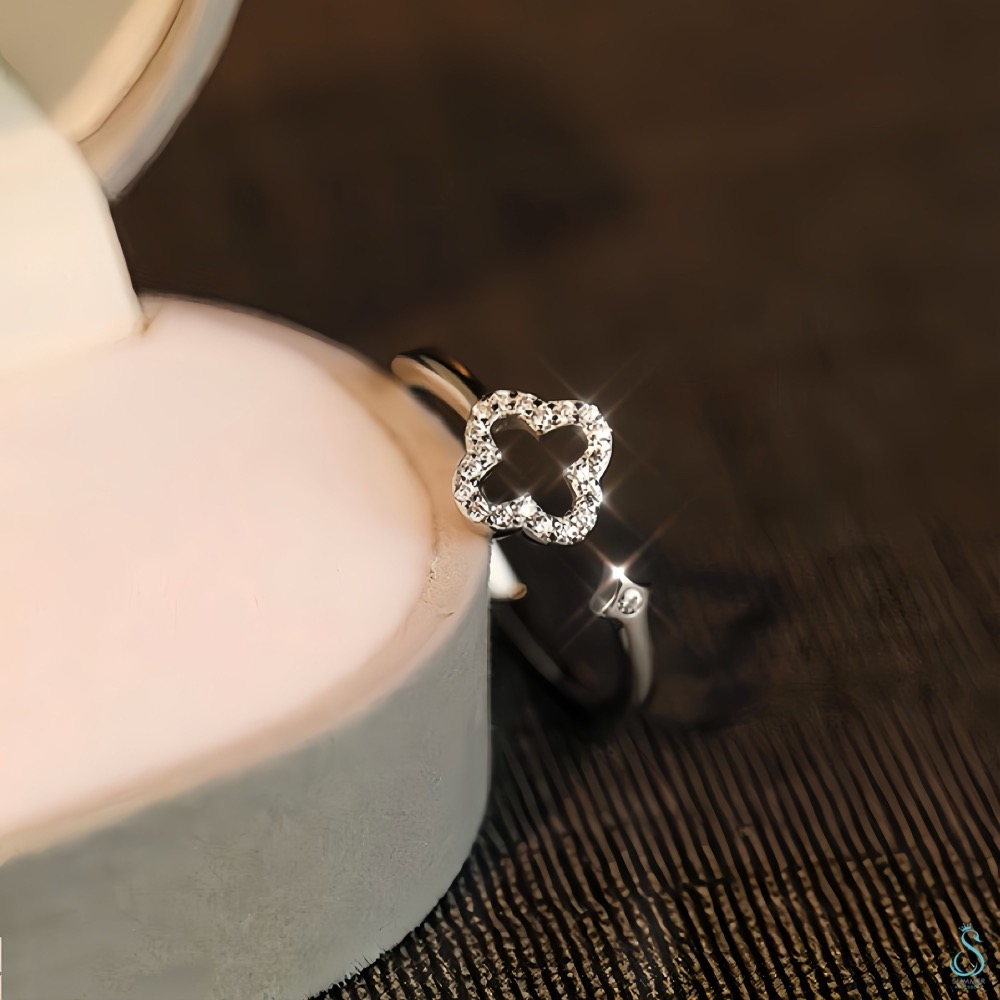 SUMMER 銀飾💫［925純銀］鏤空鑲鑽幸運草 純銀戒指-細節圖7