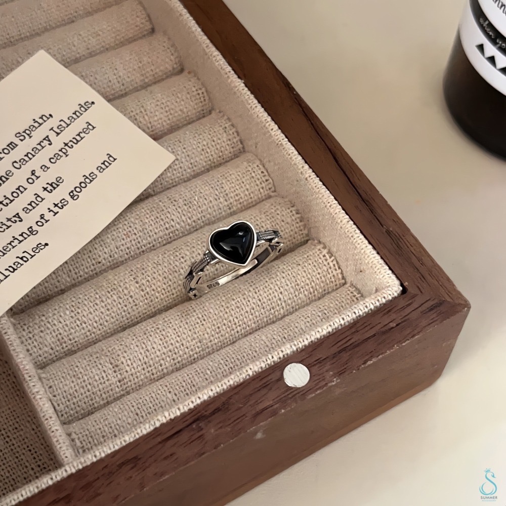 SUMMER韓 銀飾💫［925純銀］復古🖤愛心戒 天然黑瑪瑙 純銀戒指-細節圖3