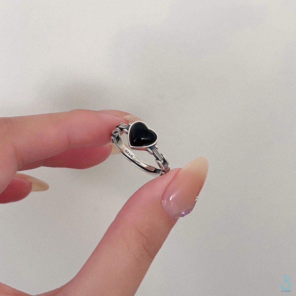 SUMMER韓 銀飾💫［925純銀］復古🖤愛心戒 天然黑瑪瑙 純銀戒指-細節圖4
