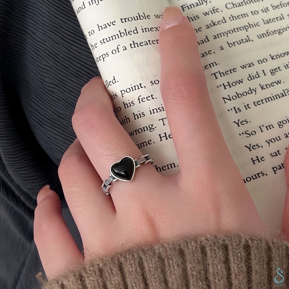 SUMMER韓 銀飾💫［925純銀］復古🖤愛心戒 天然黑瑪瑙 純銀戒指-細節圖5