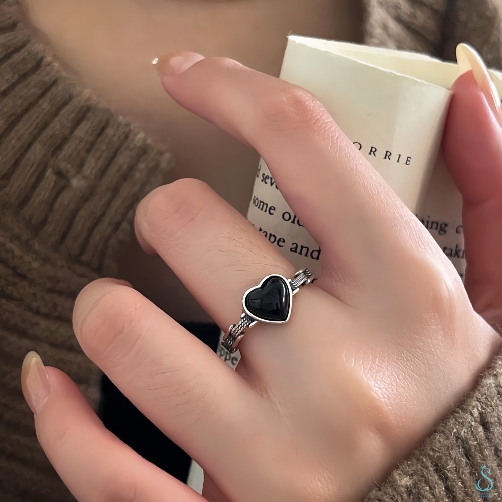 SUMMER韓 銀飾💫［925純銀］復古🖤愛心戒 天然黑瑪瑙 純銀戒指-細節圖6