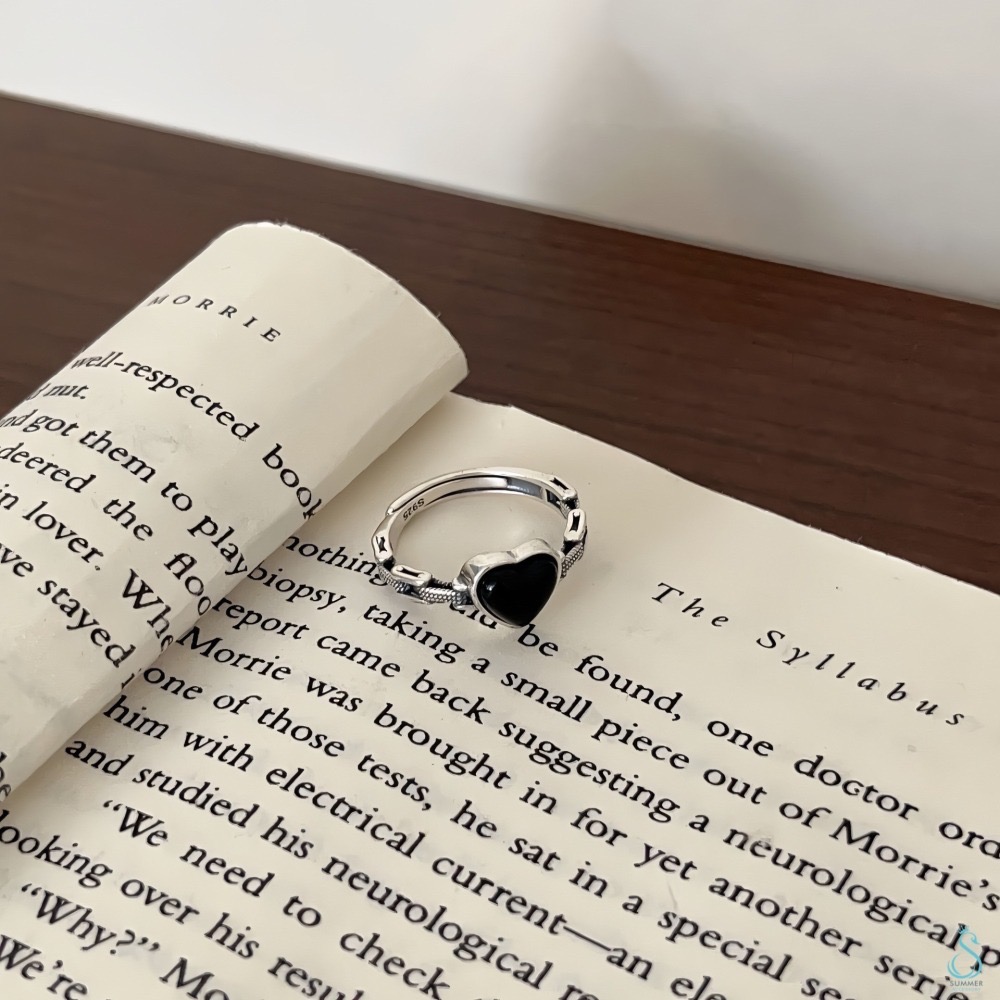SUMMER韓 銀飾💫［925純銀］復古🖤愛心戒 天然黑瑪瑙 純銀戒指-細節圖7