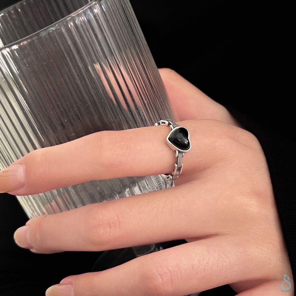 SUMMER韓 銀飾💫［925純銀］復古🖤愛心戒 天然黑瑪瑙 純銀戒指-細節圖8