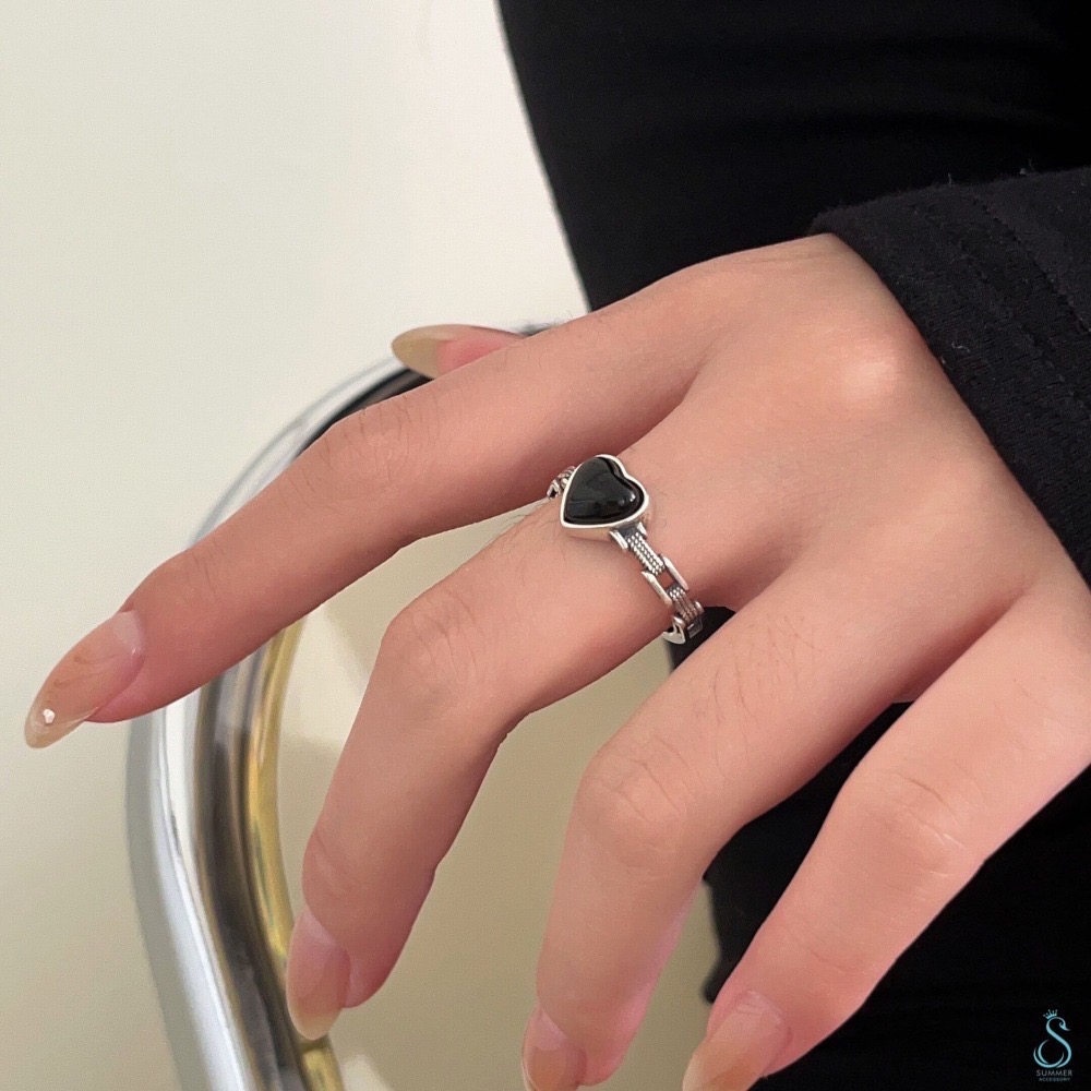 SUMMER韓 銀飾💫［925純銀］復古🖤愛心戒 天然黑瑪瑙 純銀戒指-細節圖9