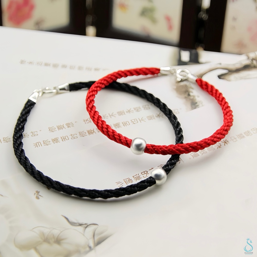 SUMMER 銀飾💫［925純銀］基礎款本命年紅繩 黑繩手鍊 情侶手鍊 簡約銀珠手作手繩 幸運紅繩 純銀手鏈-細節圖7