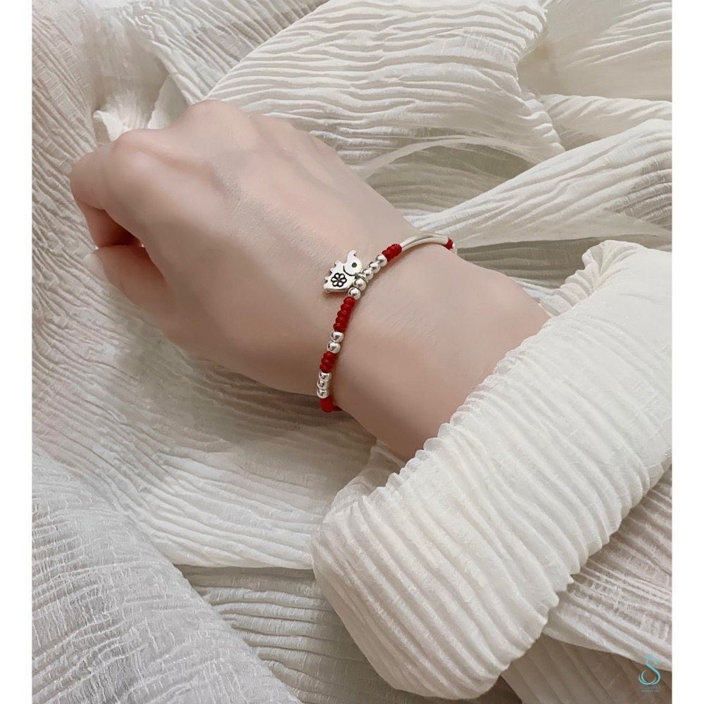 SUMMER 銀飾💫［925純銀］吉祥開運招財 Q萌小花象純銀手作紅繩手鏈 腳鍊 純銀手鏈-細節圖9