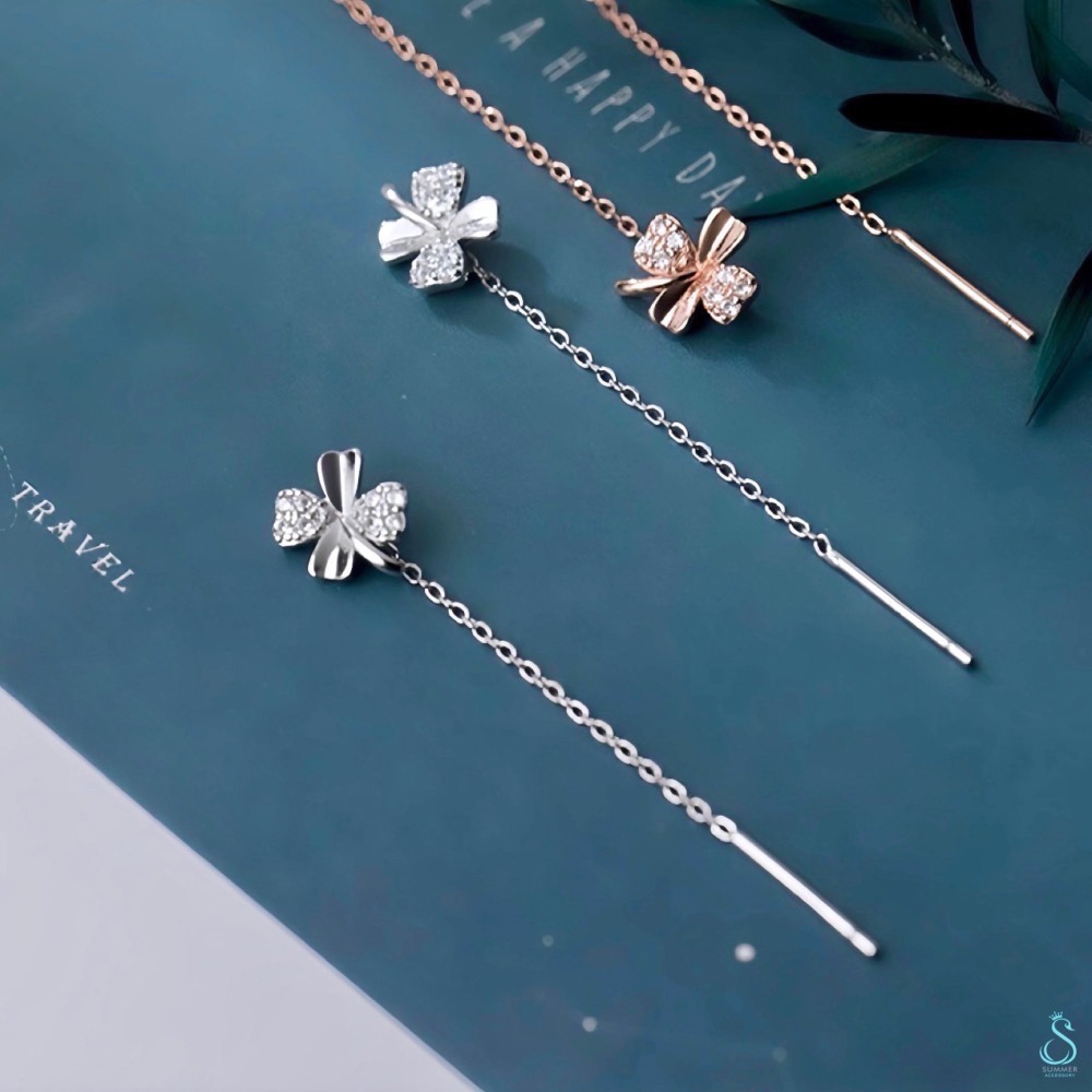 SUMMER 銀飾💫［925純銀］🍀幸運草耳線 純銀耳環 純銀耳線-細節圖3