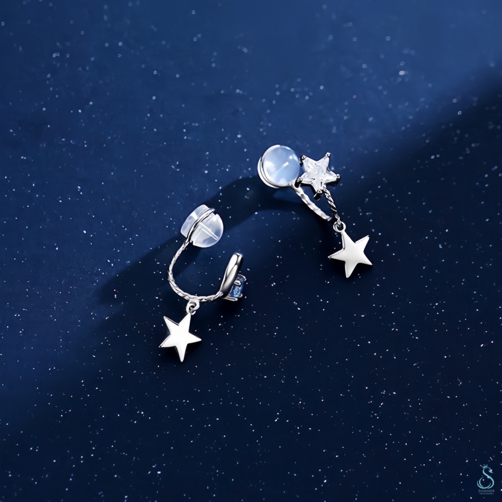 SUMMER 銀飾💫［925純銀］星月神話純銀耳夾 無耳洞 不對稱 星星月亮耳夾耳環 無耳洞耳夾 純銀耳環-細節圖6