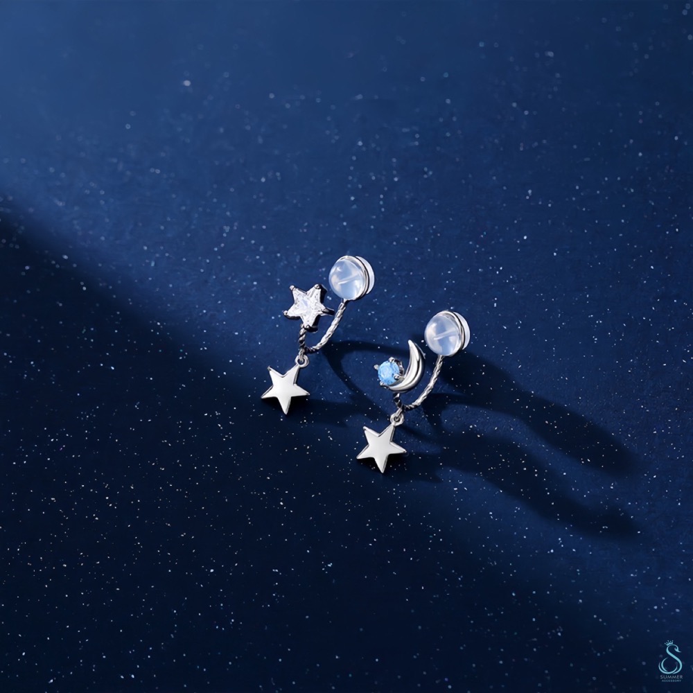 SUMMER 銀飾💫［925純銀］星月神話純銀耳夾 無耳洞 不對稱 星星月亮耳夾耳環 無耳洞耳夾 純銀耳環-細節圖2