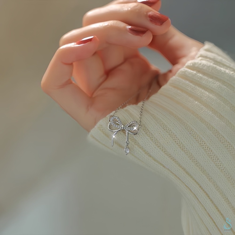 SUMMER韓 銀飾💫［925純銀］🎀韓式鑲鑽層次蝴蝶結 純銀項鍊-細節圖2