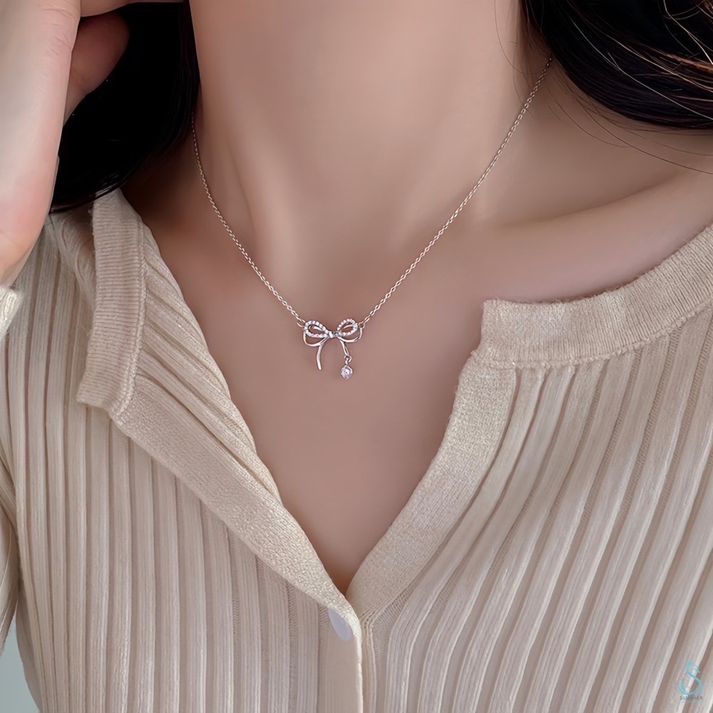 SUMMER韓 銀飾💫［925純銀］🎀韓式鑲鑽層次蝴蝶結 純銀項鍊-細節圖3