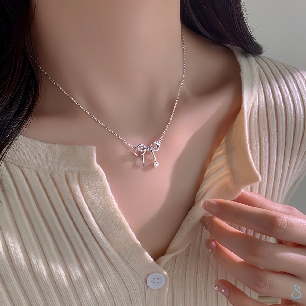 SUMMER韓 銀飾💫［925純銀］🎀韓式鑲鑽層次蝴蝶結 純銀項鍊-細節圖4