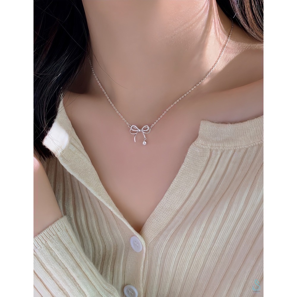 SUMMER韓 銀飾💫［925純銀］🎀韓式鑲鑽層次蝴蝶結 純銀項鍊-細節圖5