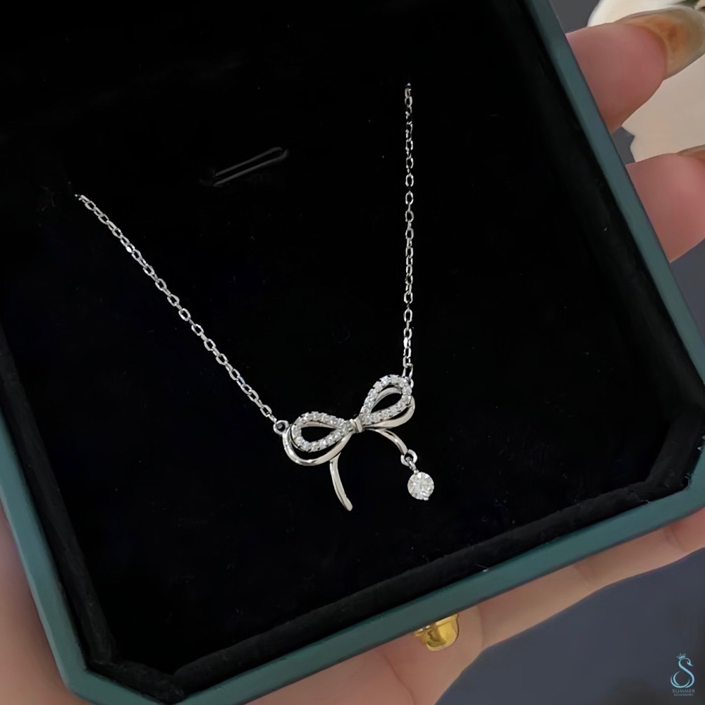 SUMMER韓 銀飾💫［925純銀］🎀韓式鑲鑽層次蝴蝶結 純銀項鍊-細節圖6