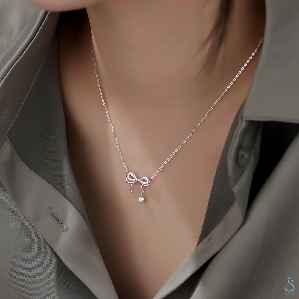 SUMMER韓 銀飾💫［925純銀］🎀韓式鑲鑽層次蝴蝶結 純銀項鍊-細節圖7