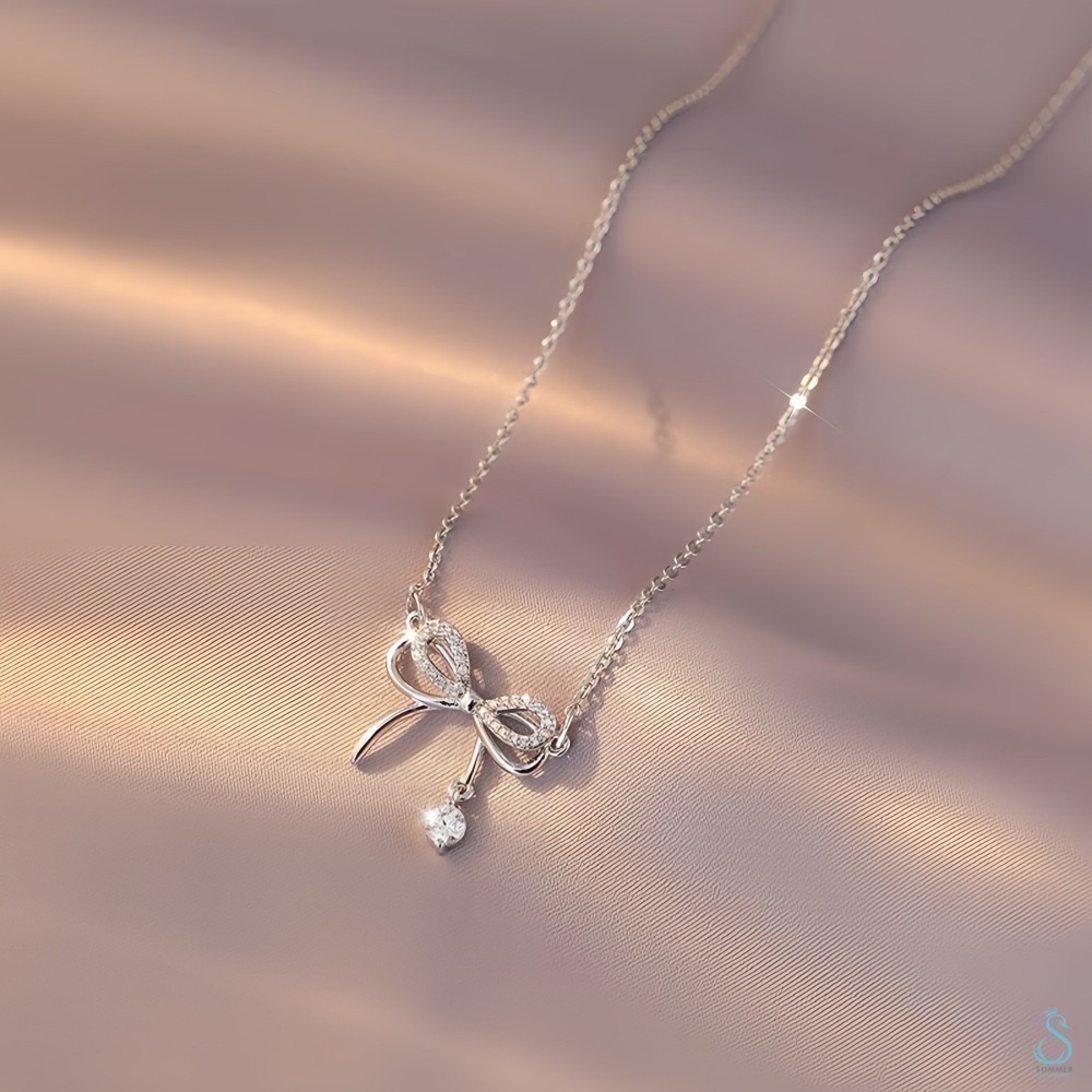 SUMMER韓 銀飾💫［925純銀］🎀韓式鑲鑽層次蝴蝶結 純銀項鍊-細節圖9