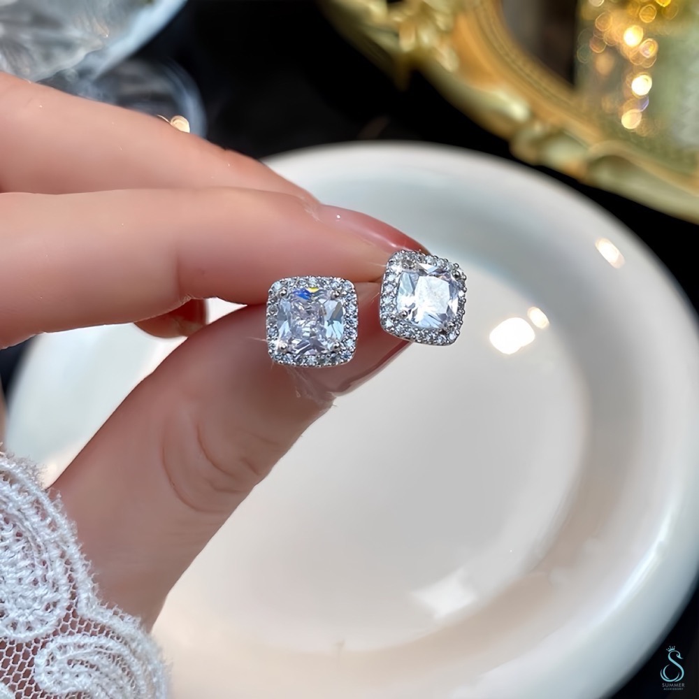 SUMMER 銀飾💫［925純銀］精緻閃耀 莫桑石方鑽耳環 純銀耳環-細節圖2