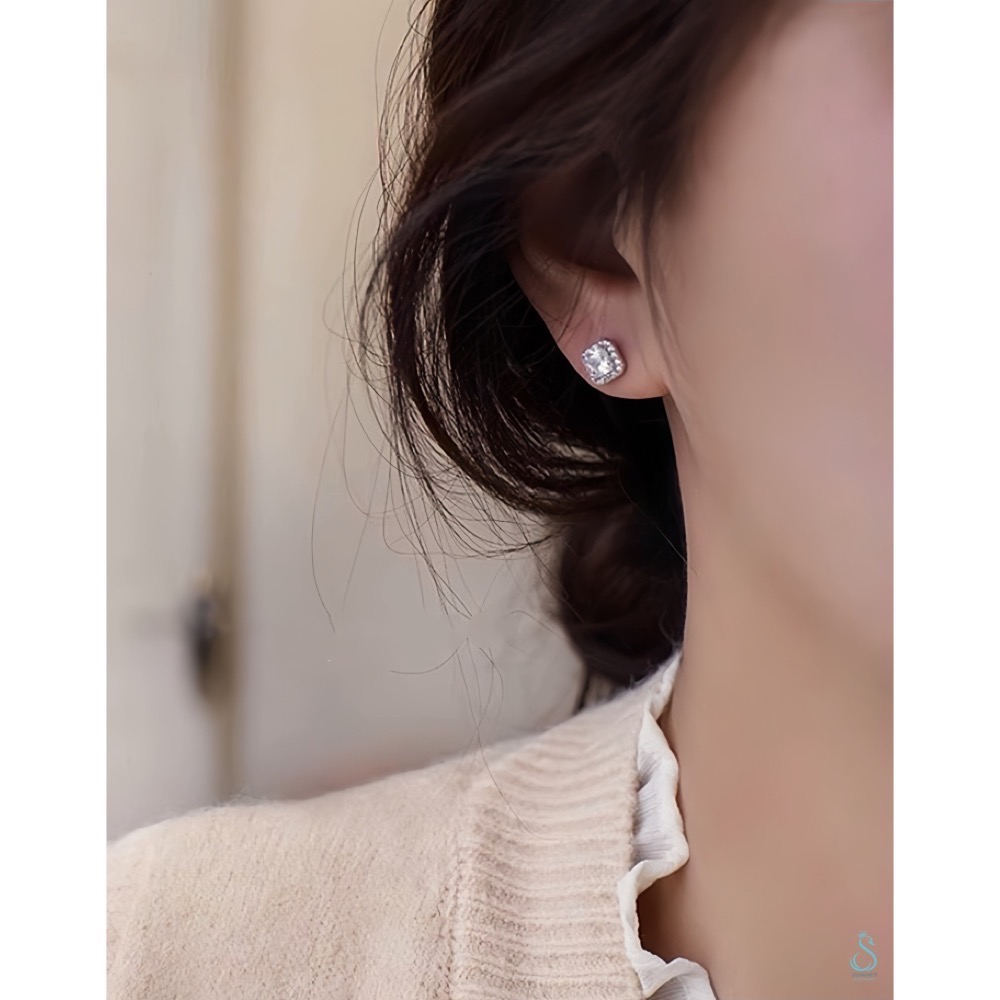 SUMMER 銀飾💫［925純銀］精緻閃耀 莫桑石方鑽耳環 純銀耳環-細節圖5