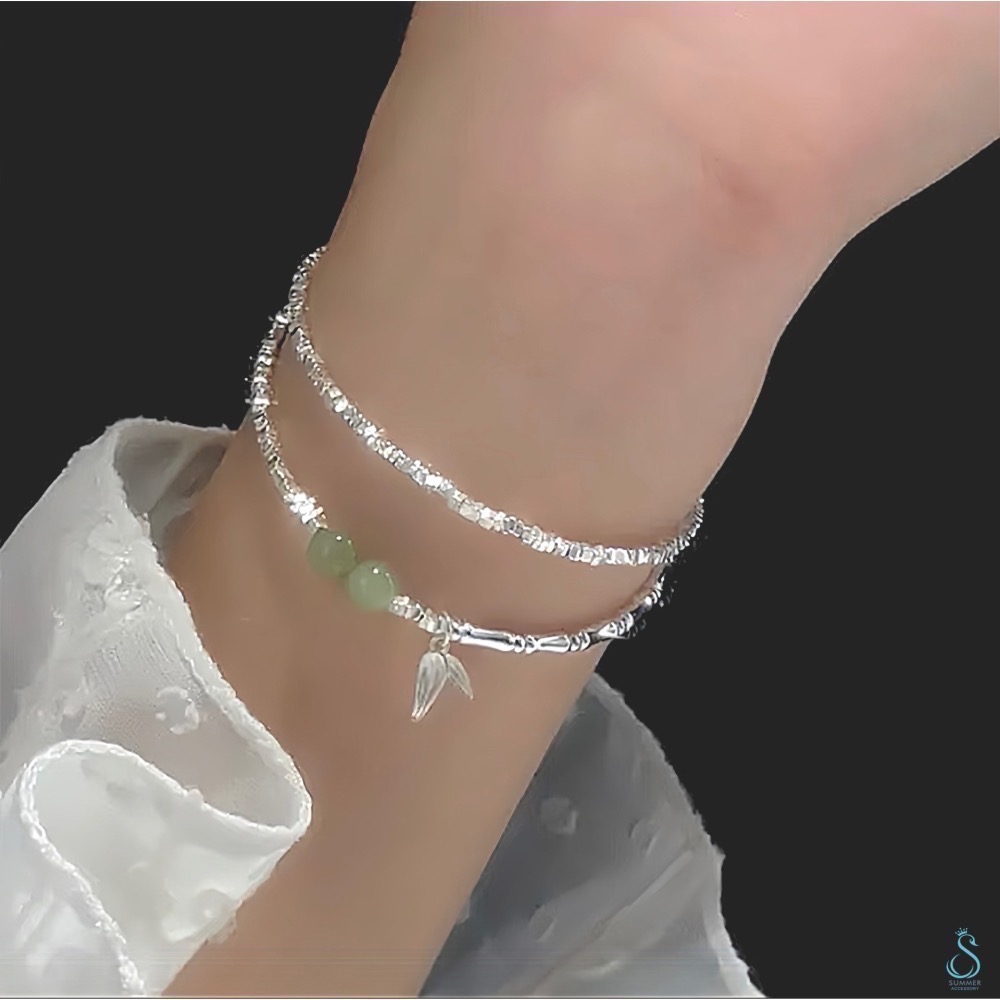 SUMMER 銀飾💫［925純銀］天然和田玉 竹節拼接碎銀手鍊 純銀手鏈-細節圖6