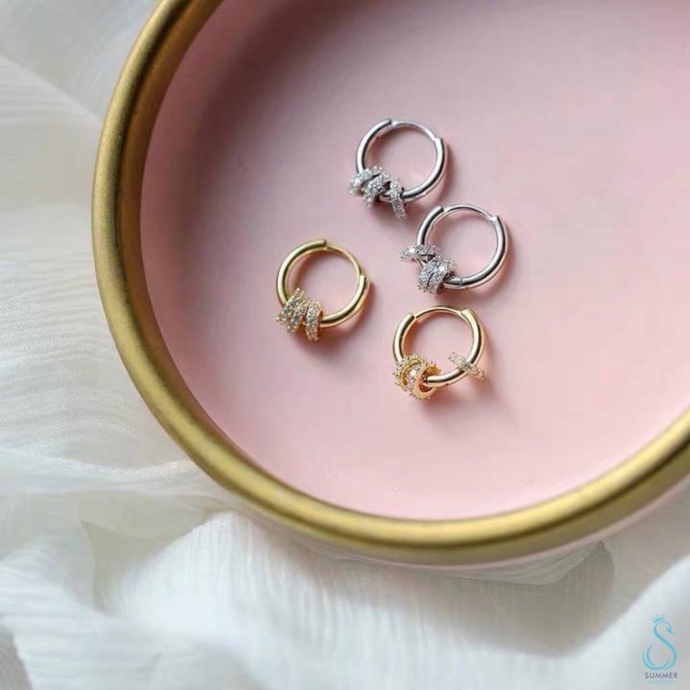 SUMMER 銀飾💫［925純銀］新款 多圈鑲鑽 耳扣耳環 易扣式耳環 純銀耳環 銀飾品-細節圖2