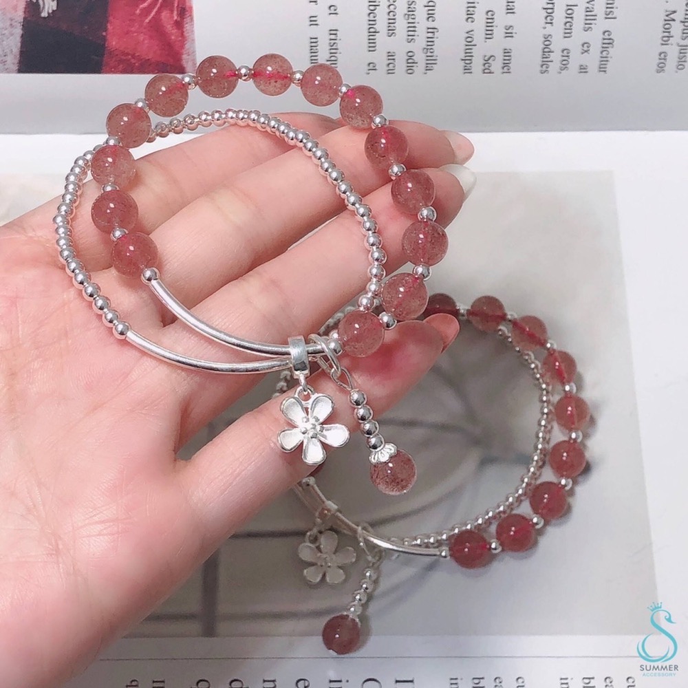 SUMMER 銀飾💫［925純銀］守護愛情❤️招桃花 天然草莓晶&小花吊飾 銀珠 雙層純銀手鍊  晶石能量手鏈-細節圖2