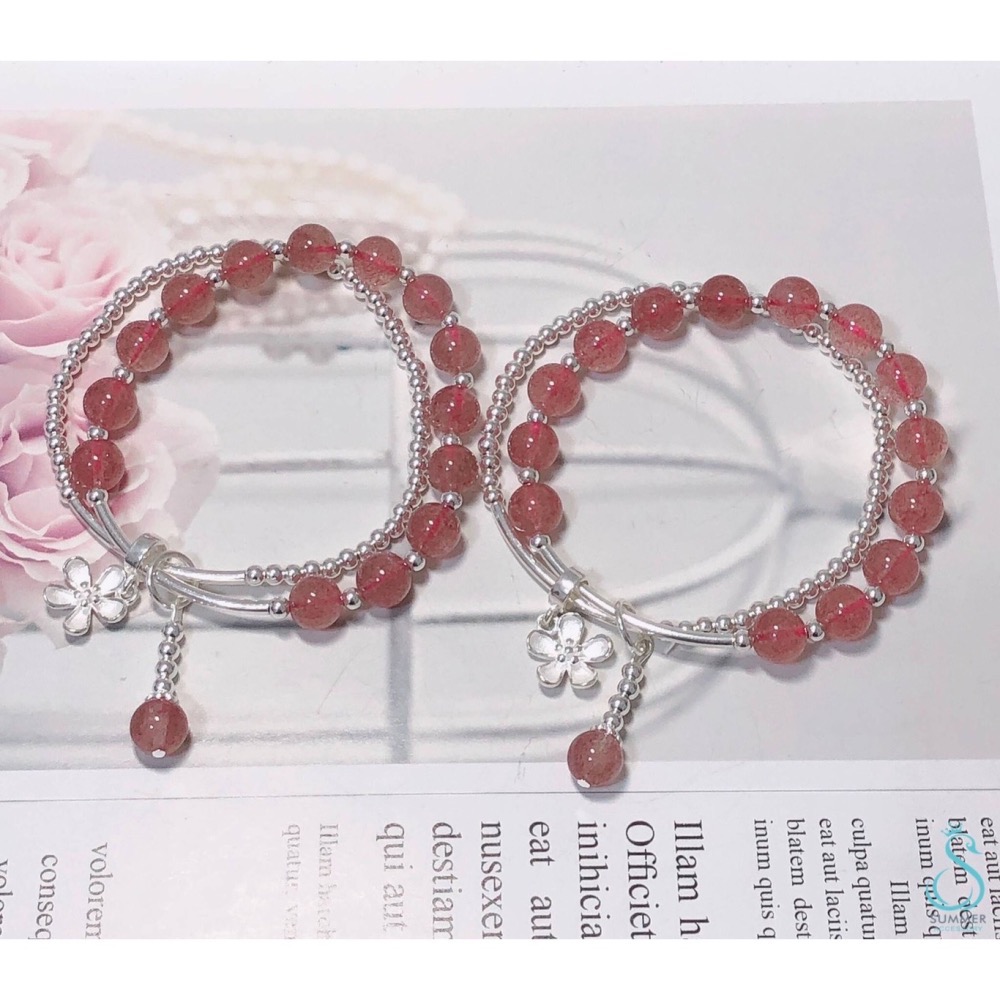 SUMMER 銀飾💫［925純銀］守護愛情❤️招桃花 天然草莓晶&小花吊飾 銀珠 雙層純銀手鍊  晶石能量手鏈-細節圖4