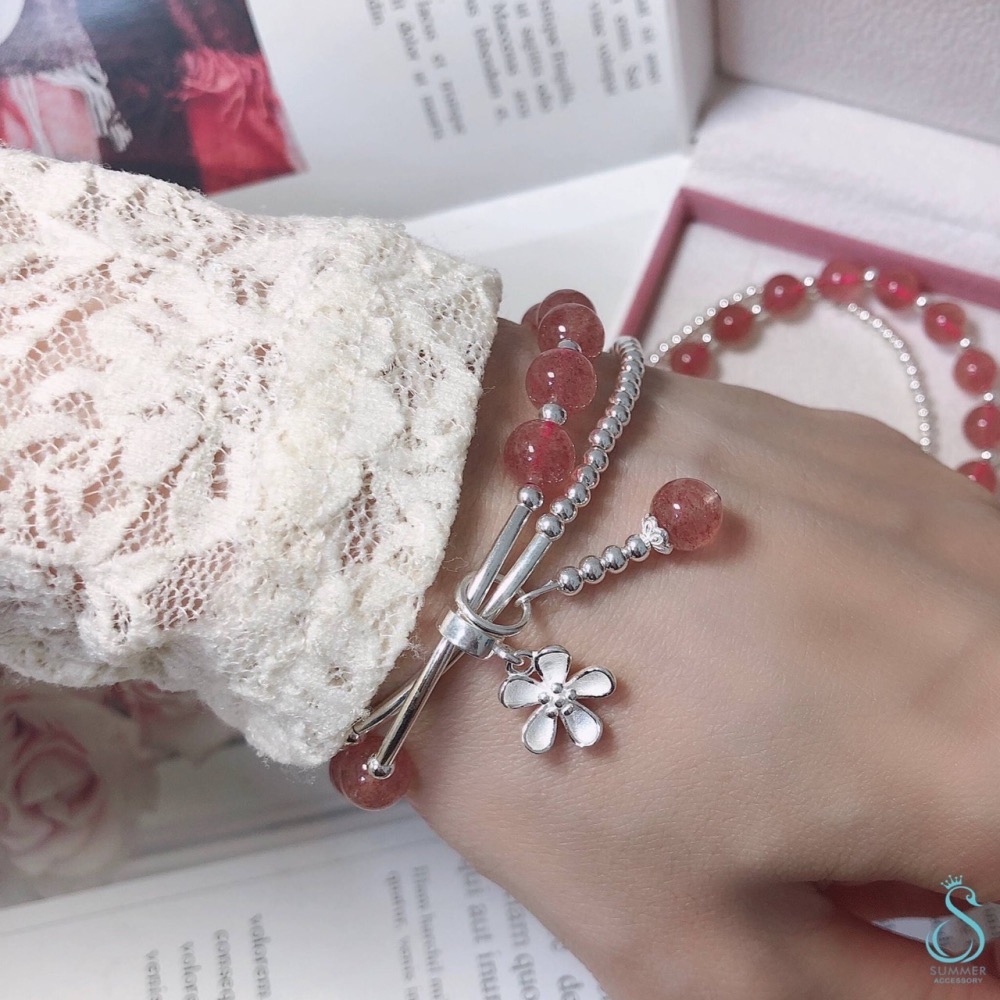 SUMMER 銀飾💫［925純銀］守護愛情❤️招桃花 天然草莓晶&小花吊飾 銀珠 雙層純銀手鍊  晶石能量手鏈-細節圖6