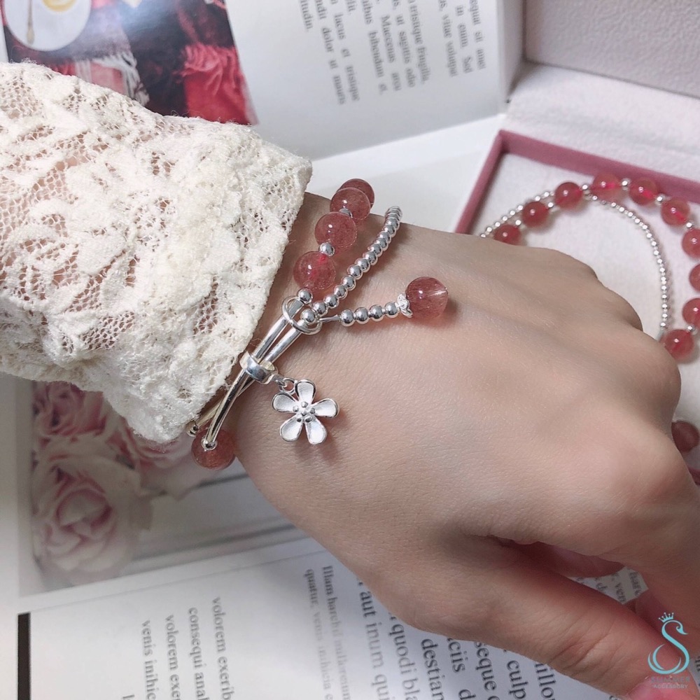 SUMMER 銀飾💫［925純銀］守護愛情❤️招桃花 天然草莓晶&小花吊飾 銀珠 雙層純銀手鍊  晶石能量手鏈-細節圖8
