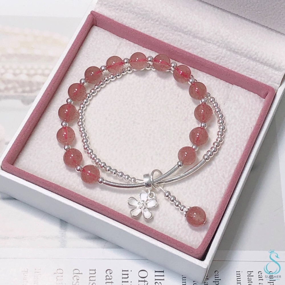 SUMMER 銀飾💫［925純銀］守護愛情❤️招桃花 天然草莓晶&小花吊飾 銀珠 雙層純銀手鍊  晶石能量手鏈-細節圖3