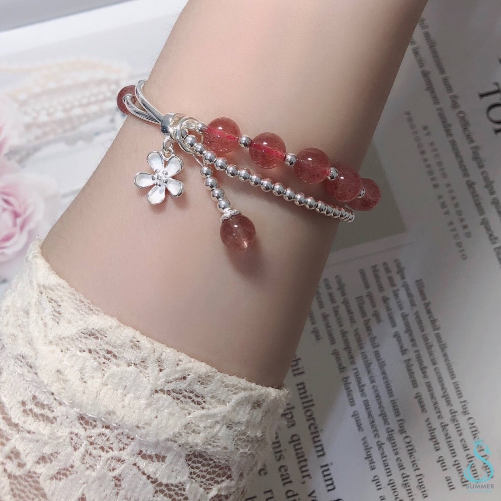SUMMER 銀飾💫［925純銀］守護愛情❤️招桃花 天然草莓晶&小花吊飾 銀珠 雙層純銀手鍊  晶石能量手鏈-細節圖5