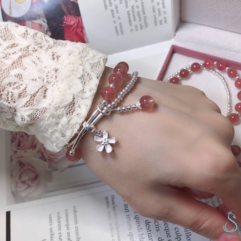 SUMMER 銀飾💫［925純銀］守護愛情❤️招桃花 天然草莓晶&小花吊飾 銀珠 雙層純銀手鍊  晶石能量手鏈-細節圖8