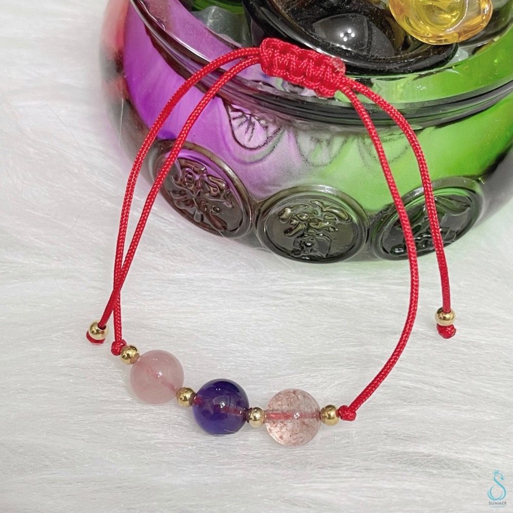 SUMMER 銀飾💫［925純銀］天然晶石 草莓晶 紫水晶 粉晶三色晶石手作手繩-細節圖2