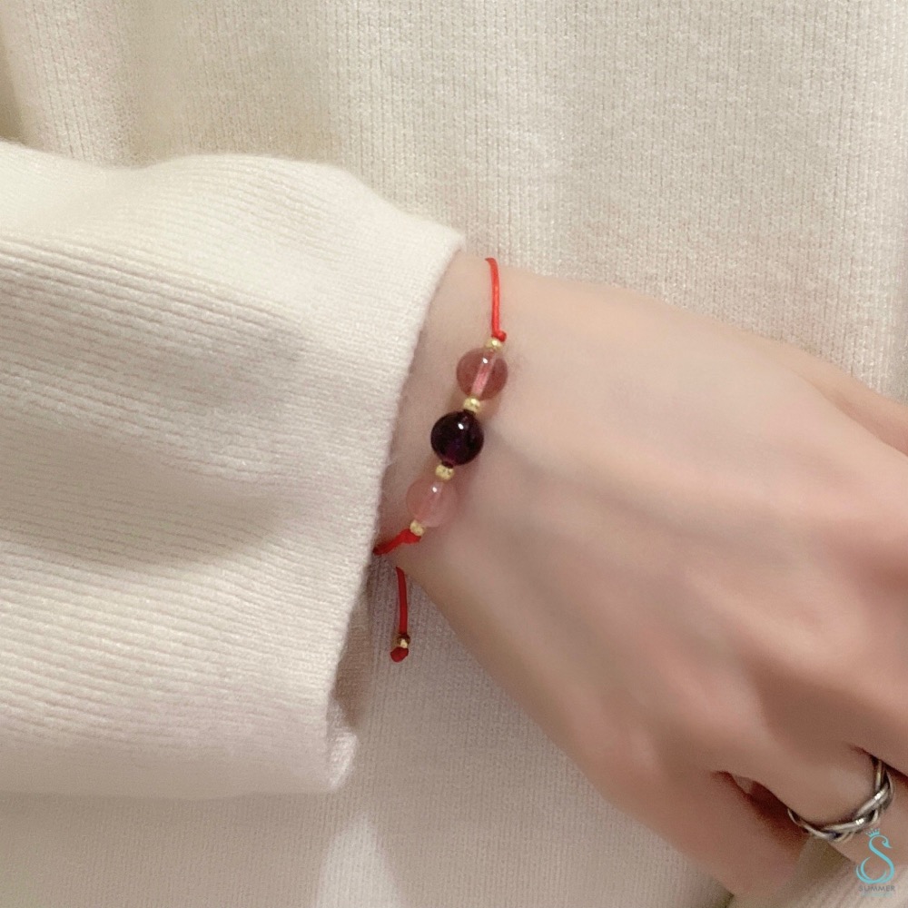 SUMMER 銀飾💫［925純銀］天然晶石 草莓晶 紫水晶 粉晶三色晶石手作手繩-細節圖3