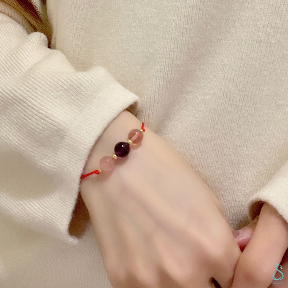 SUMMER 銀飾💫［925純銀］天然晶石 草莓晶 紫水晶 粉晶三色晶石手作手繩-細節圖4