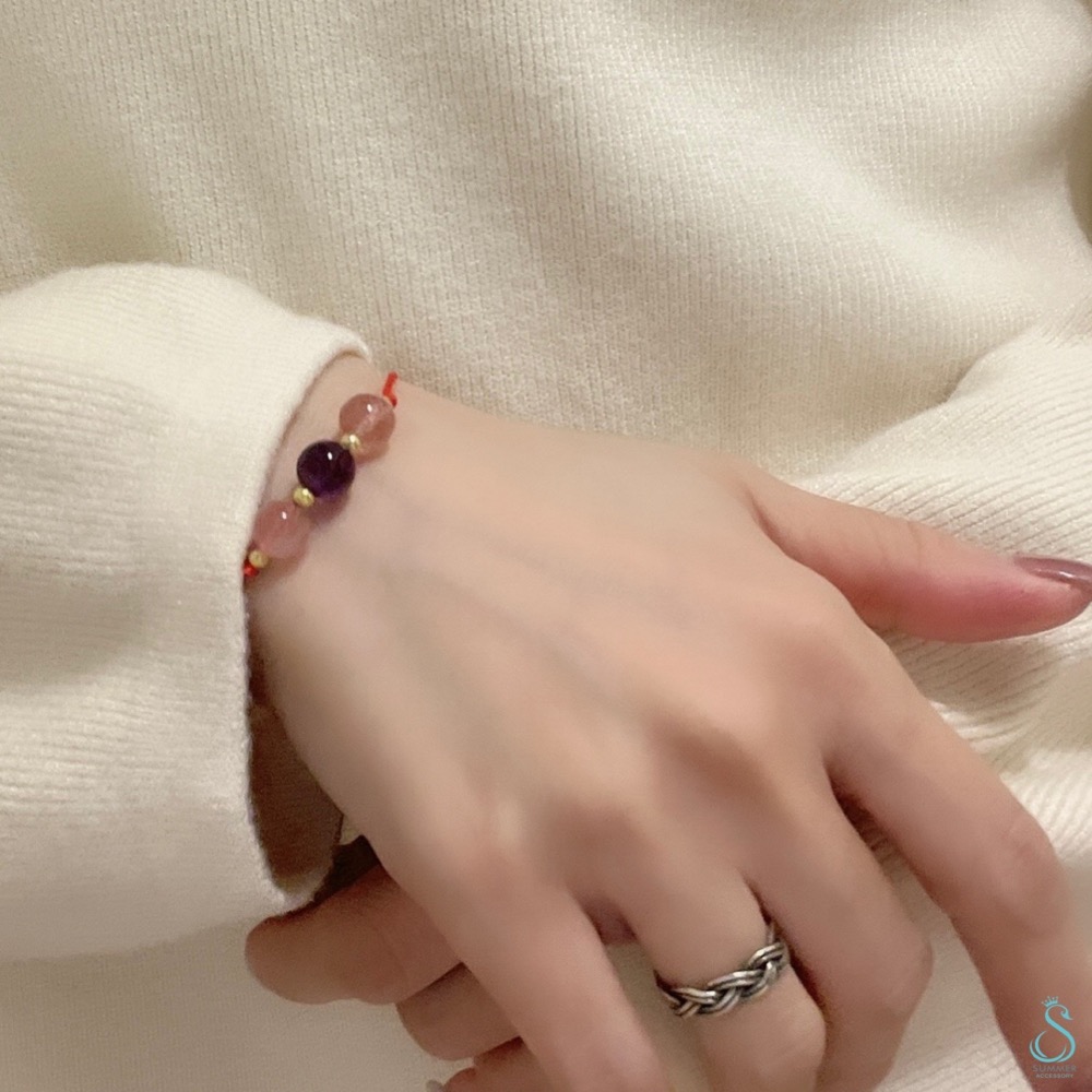 SUMMER 銀飾💫［925純銀］天然晶石 草莓晶 紫水晶 粉晶三色晶石手作手繩-細節圖5