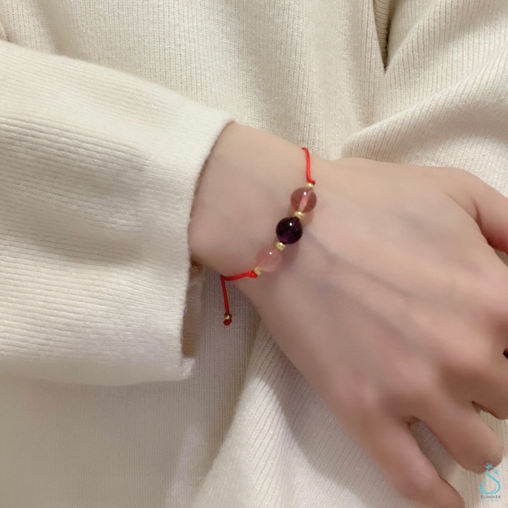 SUMMER 銀飾💫［925純銀］天然晶石 草莓晶 紫水晶 粉晶三色晶石手作手繩-細節圖8