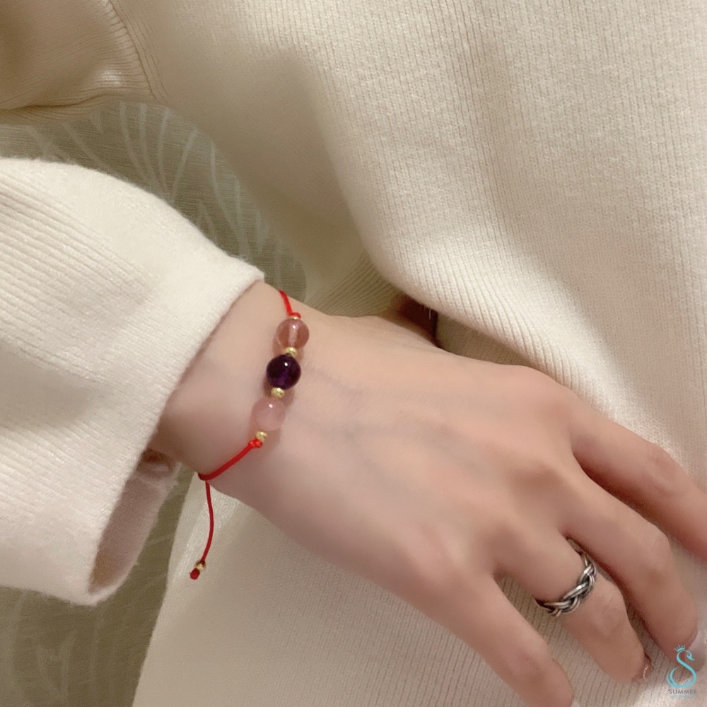 SUMMER 銀飾💫［925純銀］天然晶石 草莓晶 紫水晶 粉晶三色晶石手作手繩-細節圖9