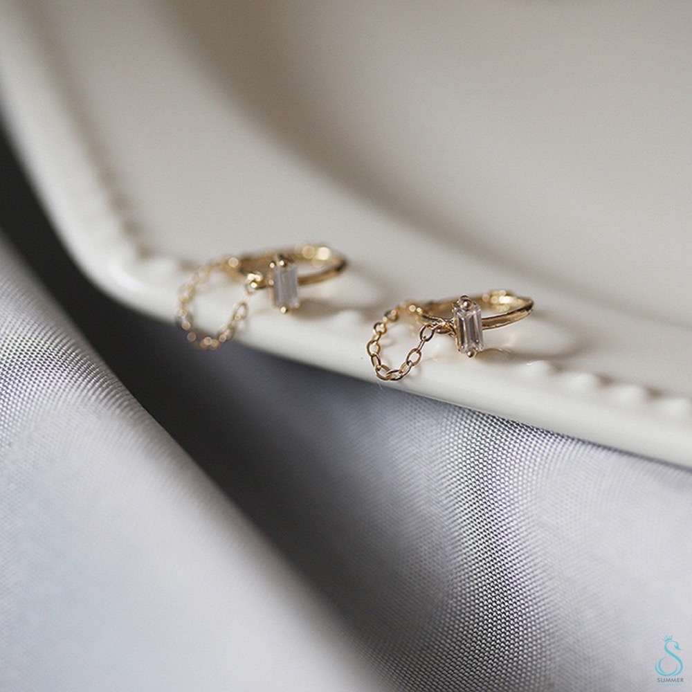 SUMMER 銀飾💫［925純銀］迷你方鑽鏈條耳環 純銀耳環 耳扣耳環-細節圖4