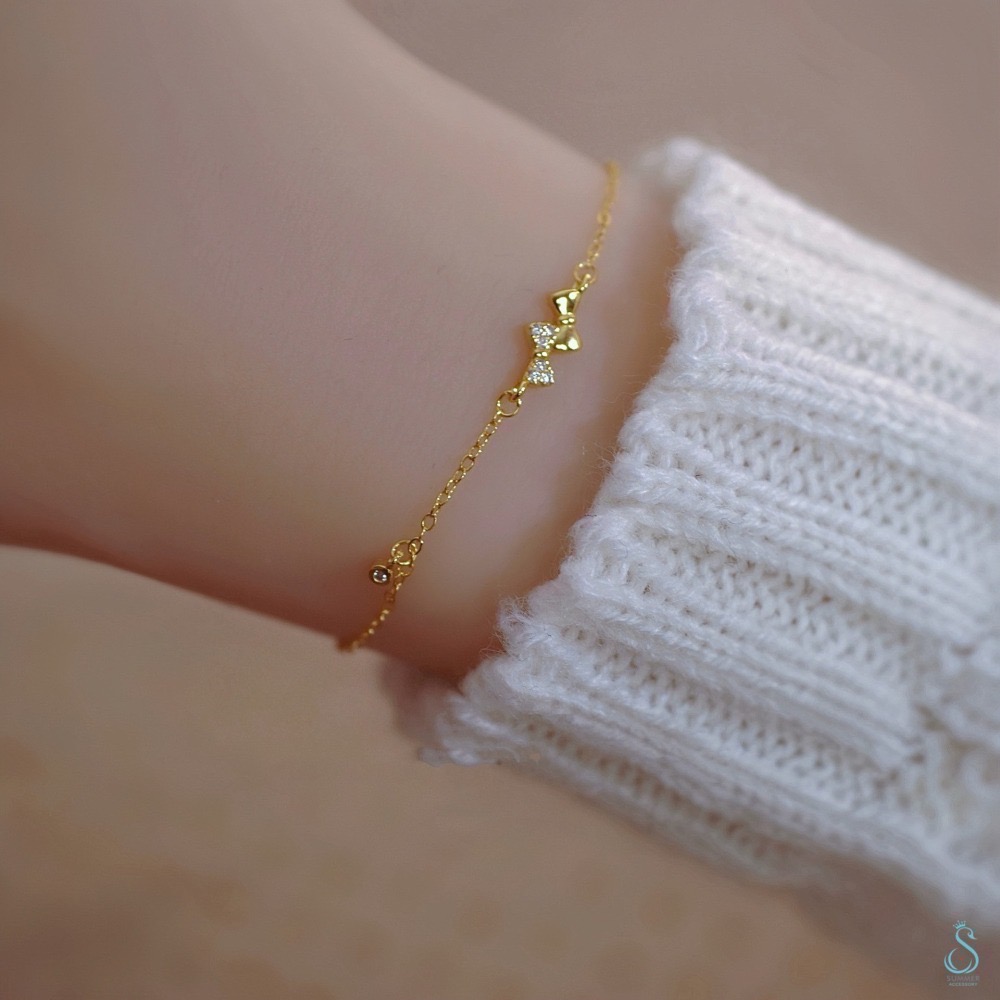 SUMMER韓 銀飾💫［S925純銀］韓系點鑽蝴蝶結手鏈 純銀手鏈-細節圖3