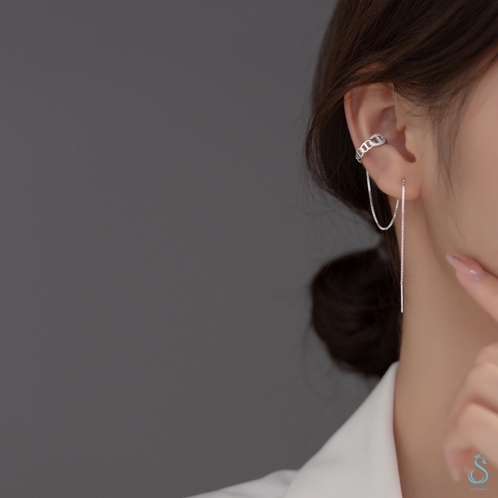 SUMMER 銀飾💫［925純銀］法式鑲鑽圈耳骨夾耳線 耳夾耳環 純銀耳環-細節圖3