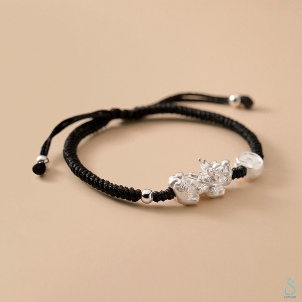 UMMER 銀飾💫［999足銀］招財進寶吉祥手繩 招財貔貅古錢 紅繩 黑繩 手作編織手繩 純銀手-細節圖5