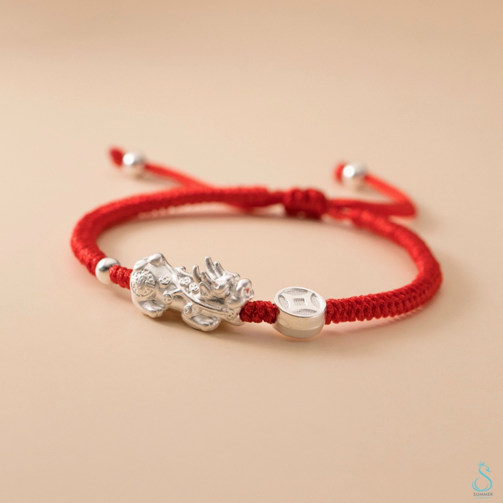 UMMER 銀飾💫［999足銀］招財進寶吉祥手繩 招財貔貅古錢 紅繩 黑繩 手作編織手繩 純銀手-細節圖6