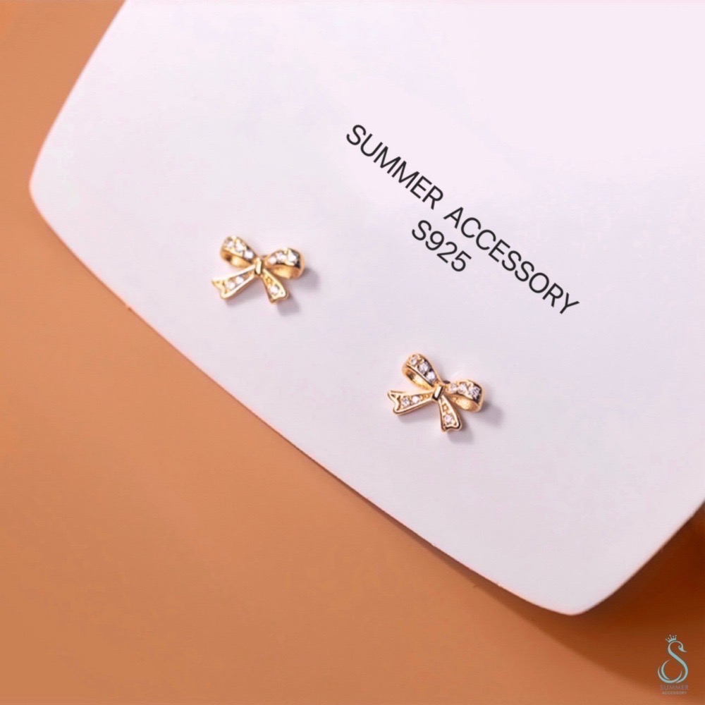 SUMMER 銀飾💫［925純銀］鑲鑽迷你蝴蝶結純銀耳環-細節圖5