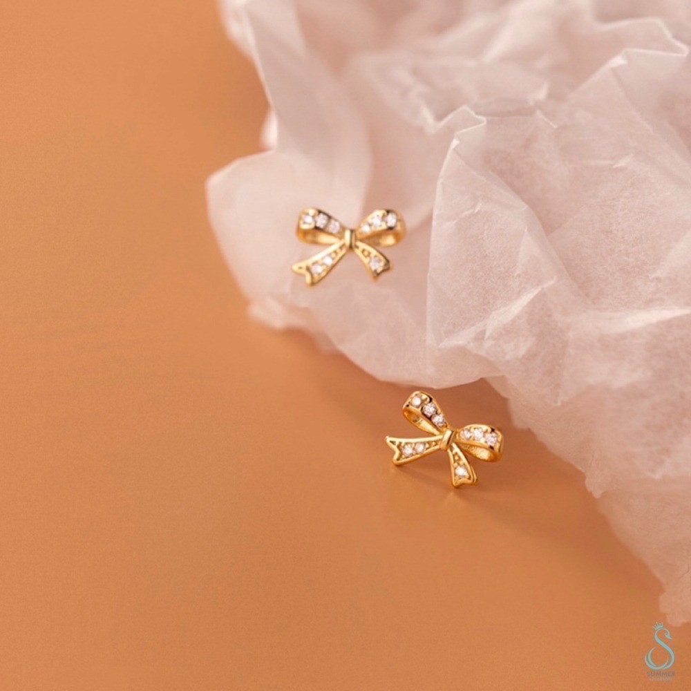 SUMMER 銀飾💫［925純銀］鑲鑽迷你蝴蝶結純銀耳環-細節圖6