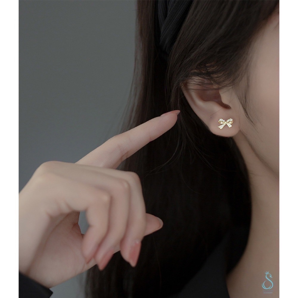 SUMMER 銀飾💫［925純銀］鑲鑽迷你蝴蝶結純銀耳環-細節圖7