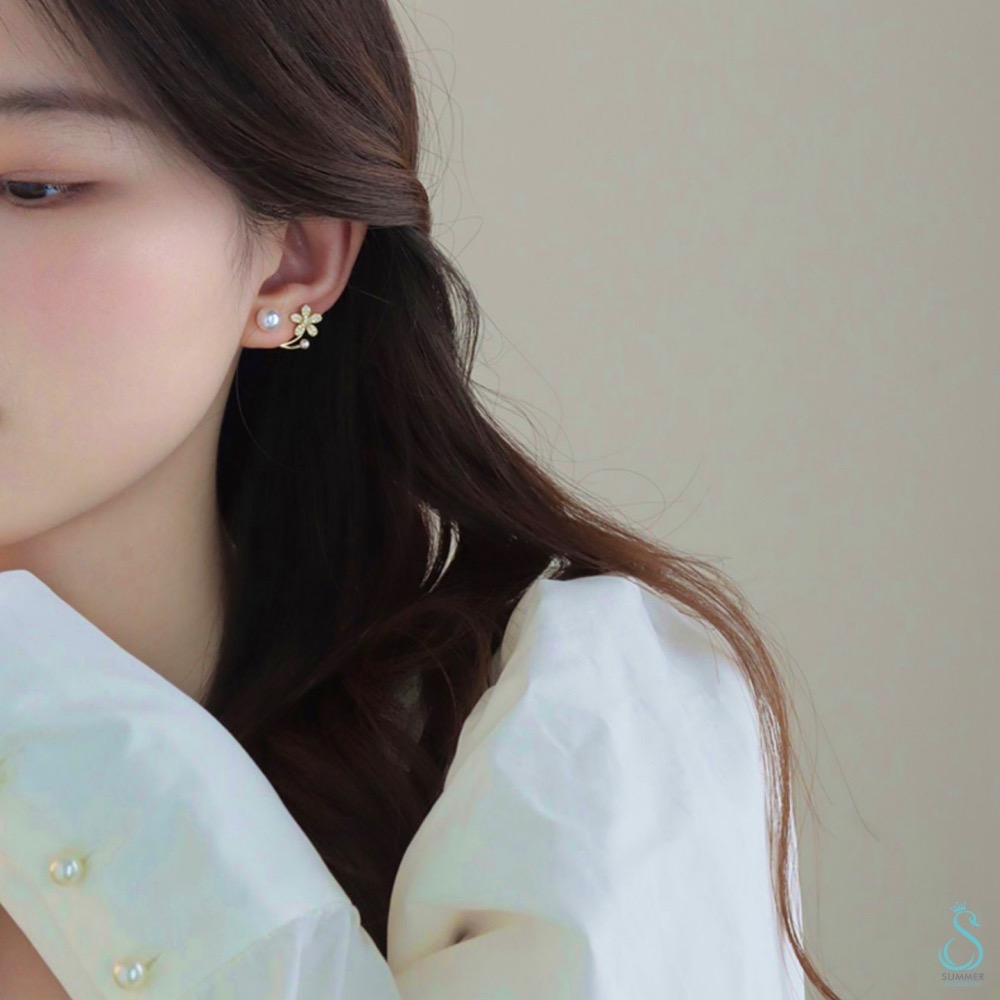 SUMMER 銀飾💫［925純銀］輕奢珍珠花鑽純銀耳環 /多變化佩戴-細節圖2